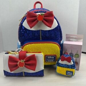 Loungefly Snow White Princess Sequin Series Mini Backpack, Wallet, & Charm